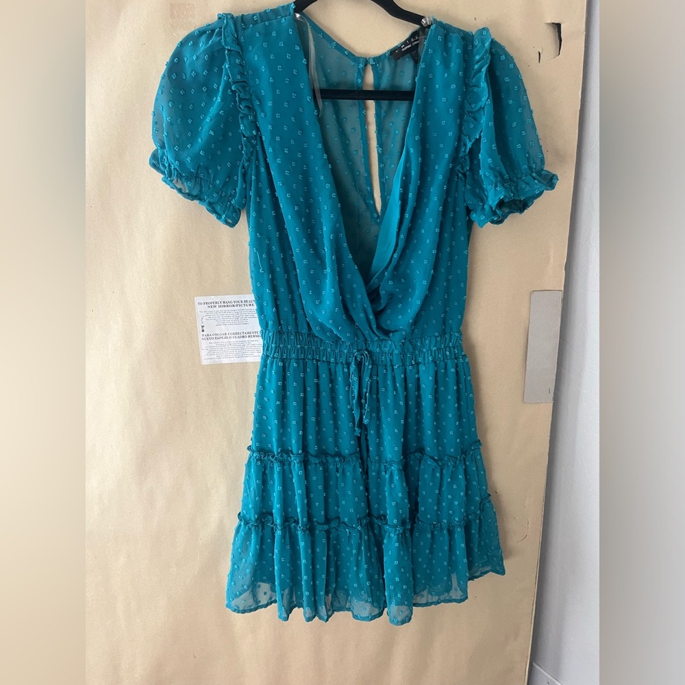 Teal Swiss Dot Ruffle Mini Dress